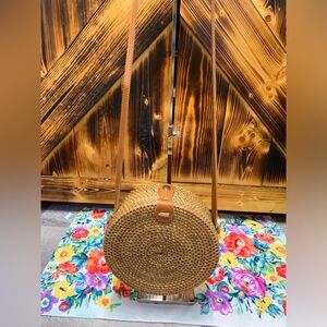 Round Woven Rafia Crossbody Bag with Tan Strap